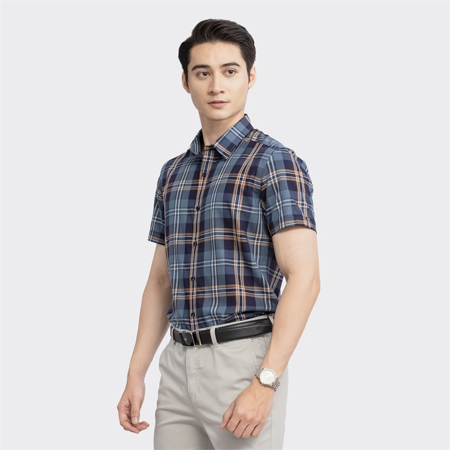 Áo sơ mi nam ngắn tay ARISTINO ASS007S3 công sở Xanh tím than kẻ vàng vải sồi cao cấp dáng slim fit tà lượn không túi