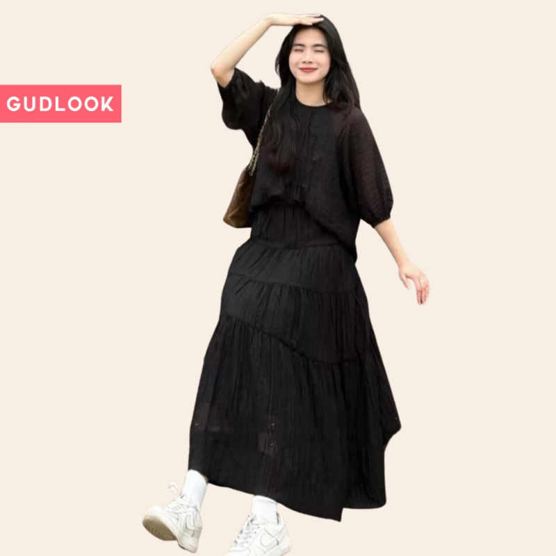 Set Váy Lụa Tơ GUDLOOK Dáng Thụng Chất Mát 3 Màu Đen Trắng Be