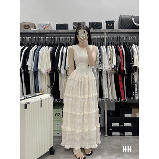 Váy maxi sát nách thêu CD khoá trước chân váy voan tầng