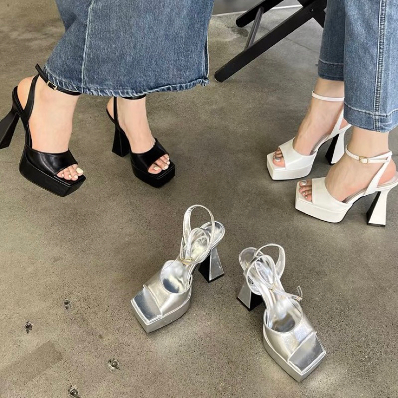 ORDER 🌹 Giày gót đúp da trơn mũi vuông bạc , đen , trắng 11cm 35-39
