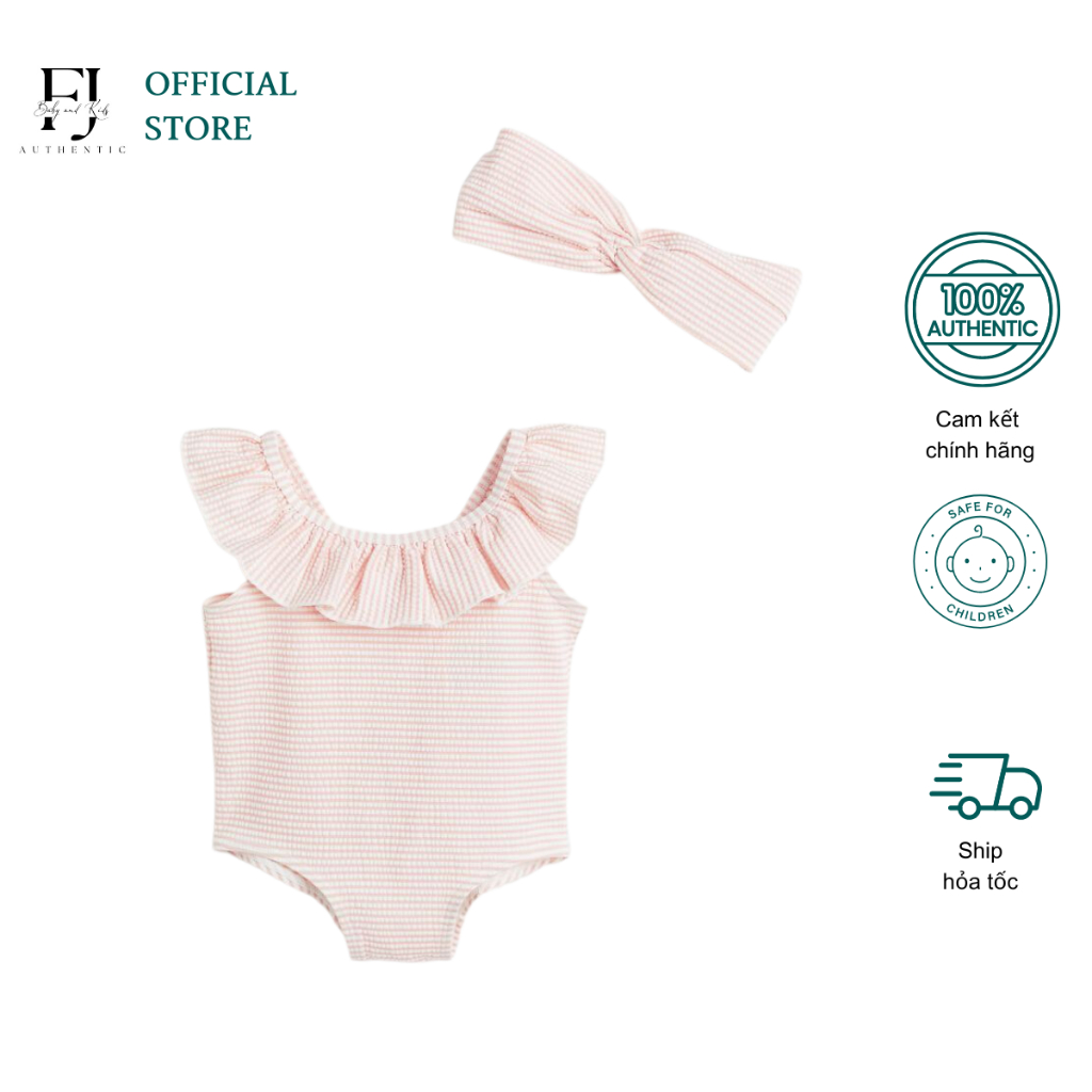 Bikini bé gái HM đồ bơi kẻ hồng kèm turban chất liệu polyester, polyamit, spandex chính hãng cho bé size 2-4 tuổi