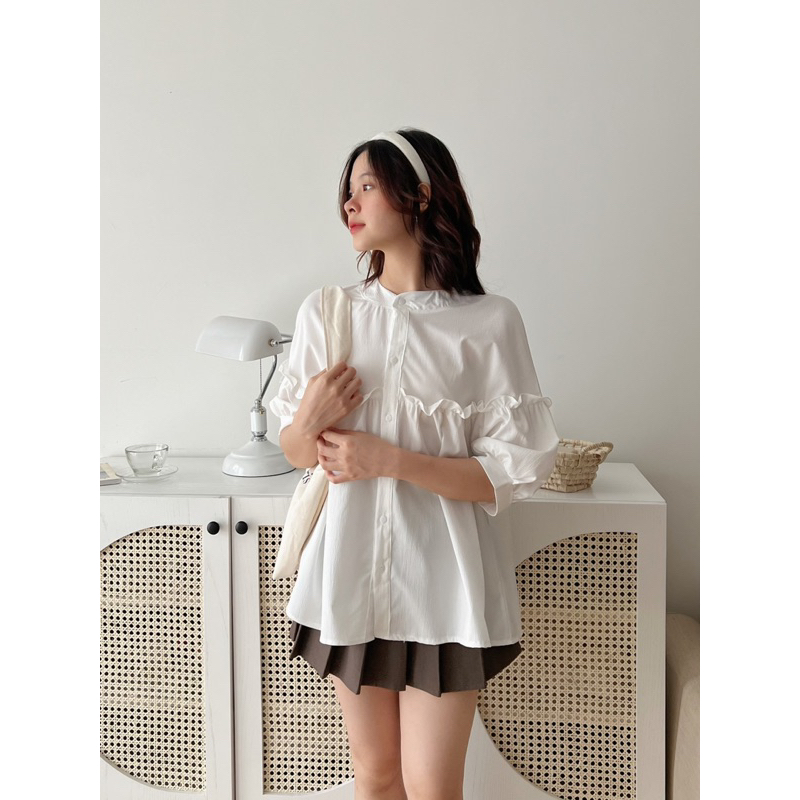 Áo babydoll kẻ caro cổ trụ tay bồng form rộng Mai Anh Clothing