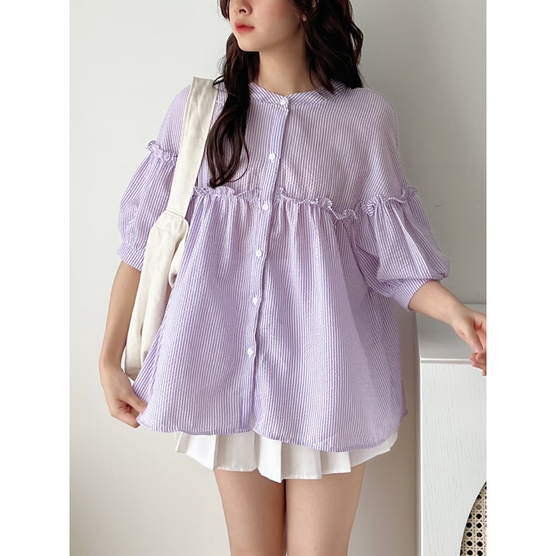 Áo babydoll kẻ caro cổ trụ tay bồng form rộng Mai Anh Clothing