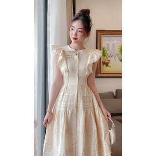 Váy thô linen chun eo phối viền ren có clip thật
