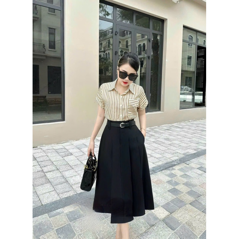 Chân váy công sở xếp ly kèm đai