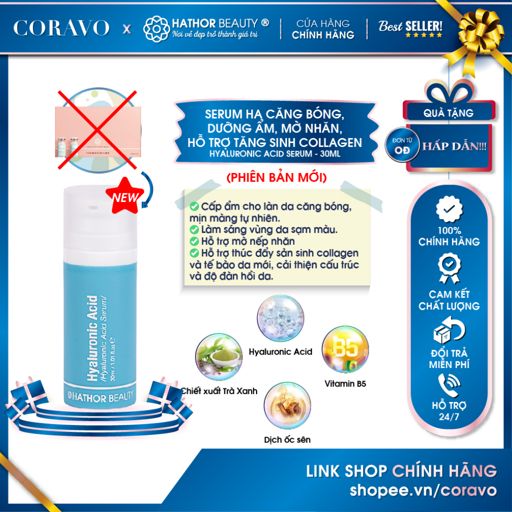 Serum HA Căng bóng Cấp Ẩm x5 lần Sáng Da Mờ Thâm Hyaluronic Acid Serum 30ml Hathor Beauty - Coravo