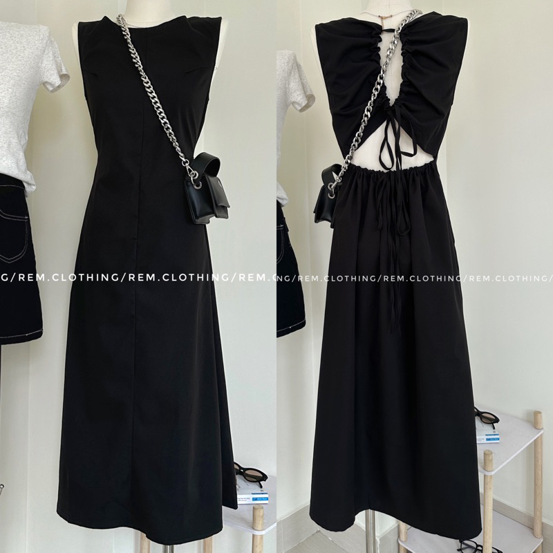 Đầm linen/ sát nách đen rút dây Rem-made