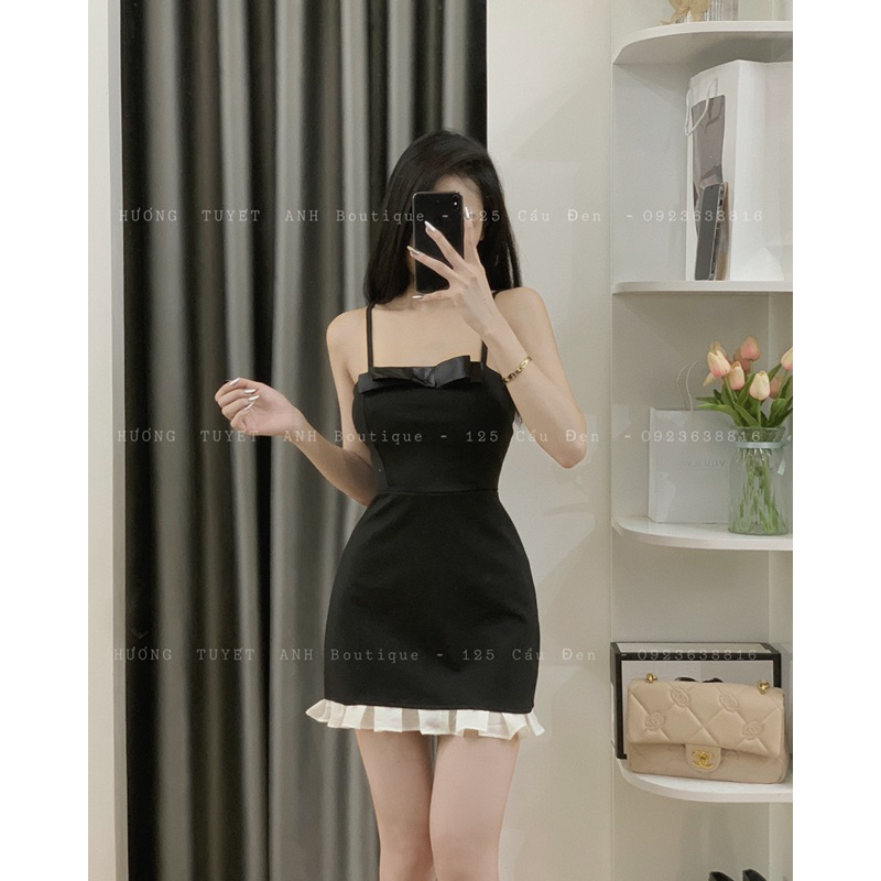Đầm 2 dây nơ ngực phối viền xếp ly