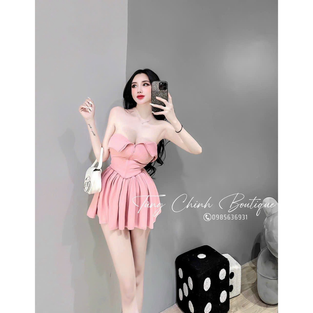 Set bộ đi chơi áo gấp nhọn dây kéo ngực, quần đùi xòe