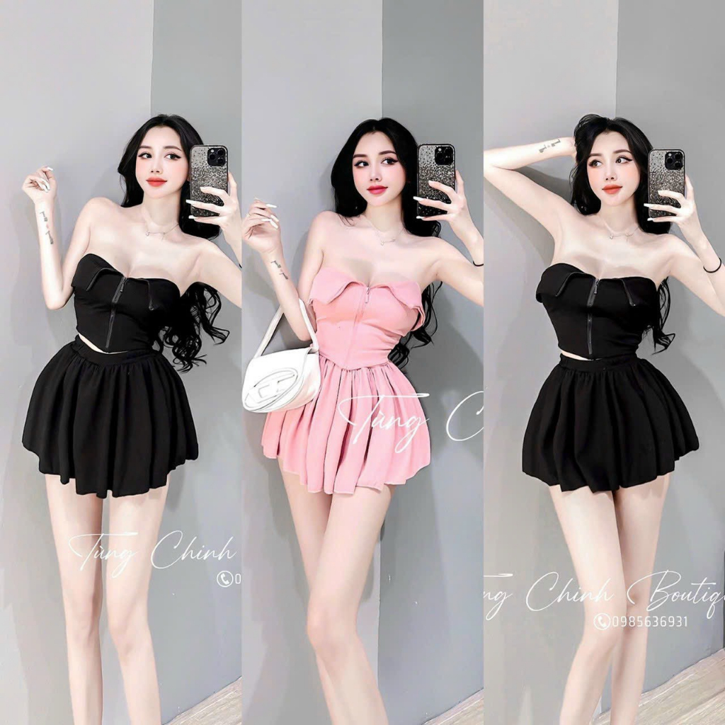 Set bộ đi chơi áo gấp nhọn dây kéo ngực, quần đùi xòe
