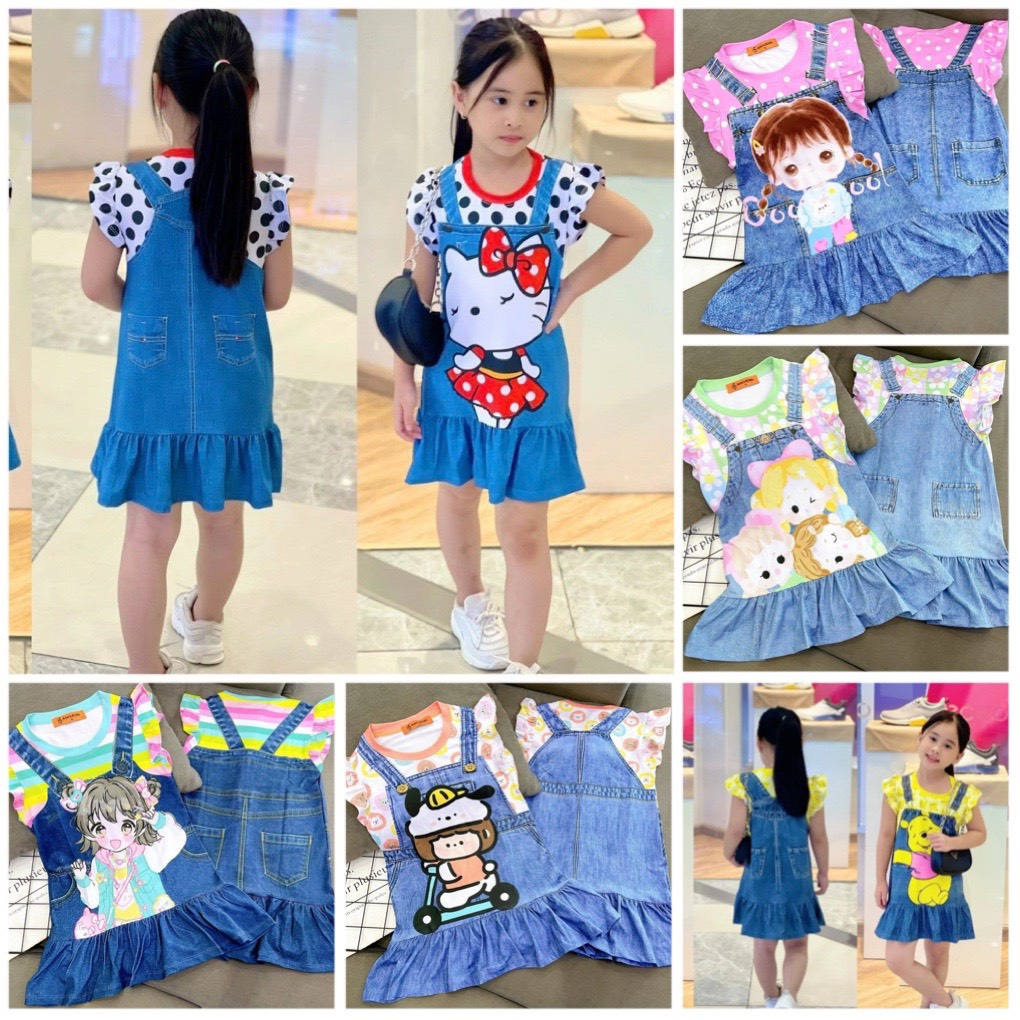 (22-40kg) đầm váy bé gái tay cánh tiên thun lạnh 3D giả jeans mềm mịn bao đẹp 790
