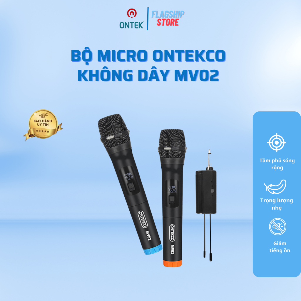 Bộ micro không dây ONTEKCO MV02 - Chuyên Hát Karaoke cho Âm Ly Loa Kéo. Chống Hú. Hát vang. Hát nhẹ Bảo hành 12 tháng