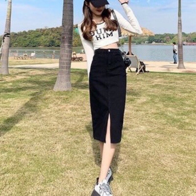 Chân váy denim xẻ trước #930