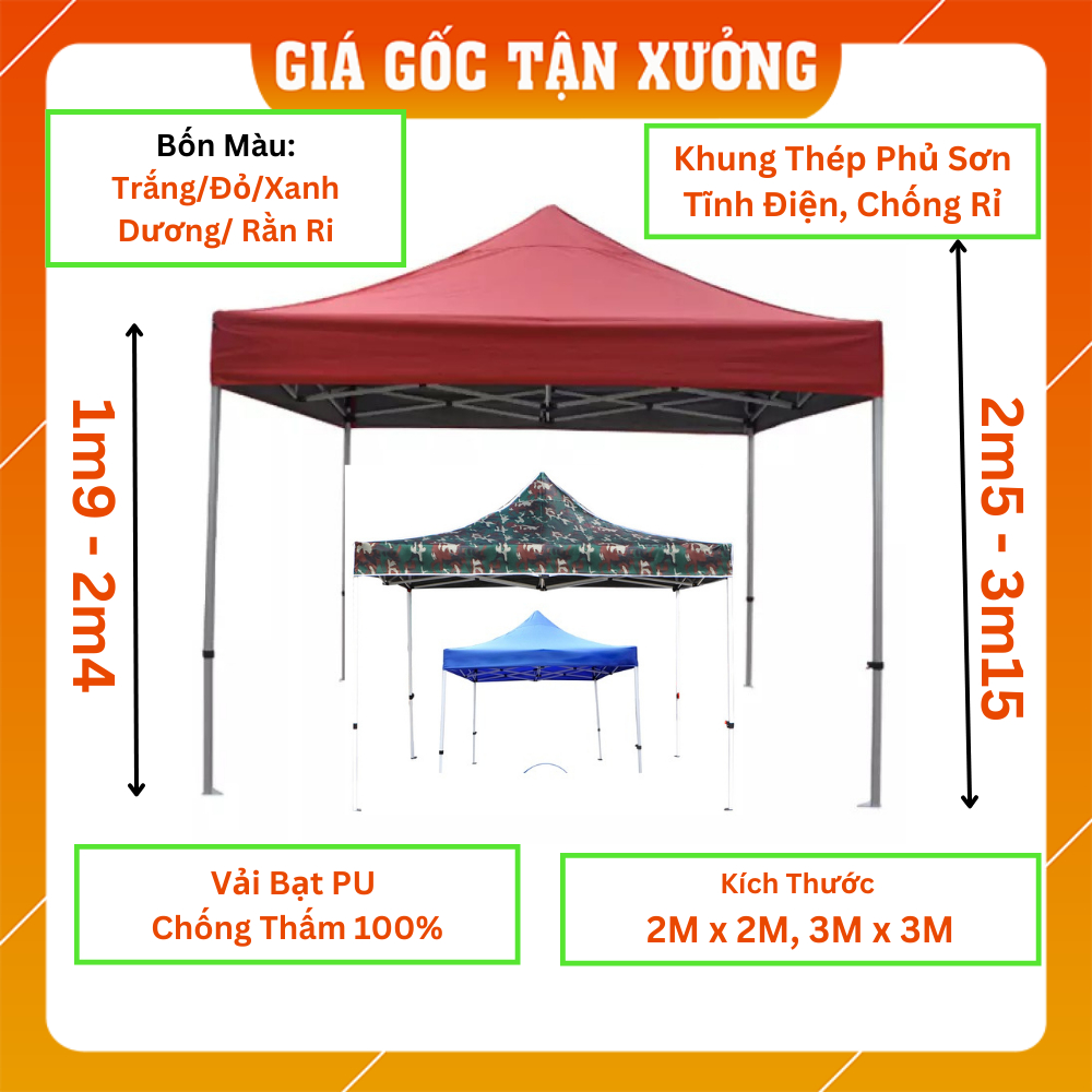 Nhà Bạt Di Động 3M X 3M, 2M x 2M Che Nắng, Che Mưa Ngoài Trời, Khung Thép Sơn Tĩnh Điện