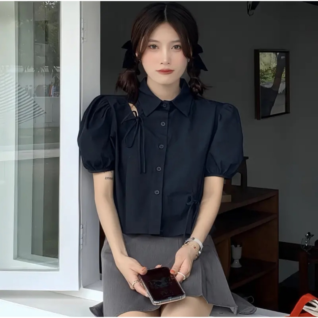 Áo kiểu ngắn tay nữ sơ mi dây rút chất đũi