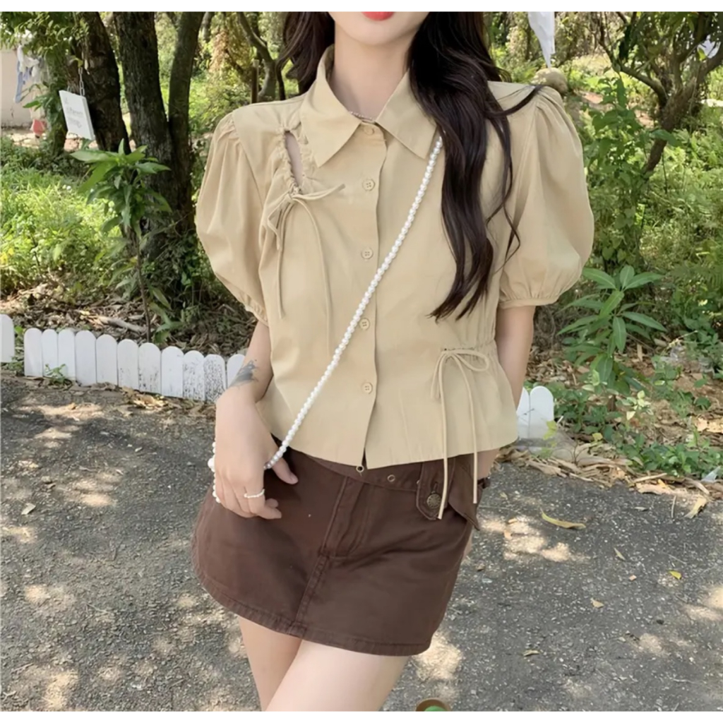 Áo kiểu ngắn tay nữ sơ mi dây rút chất đũi