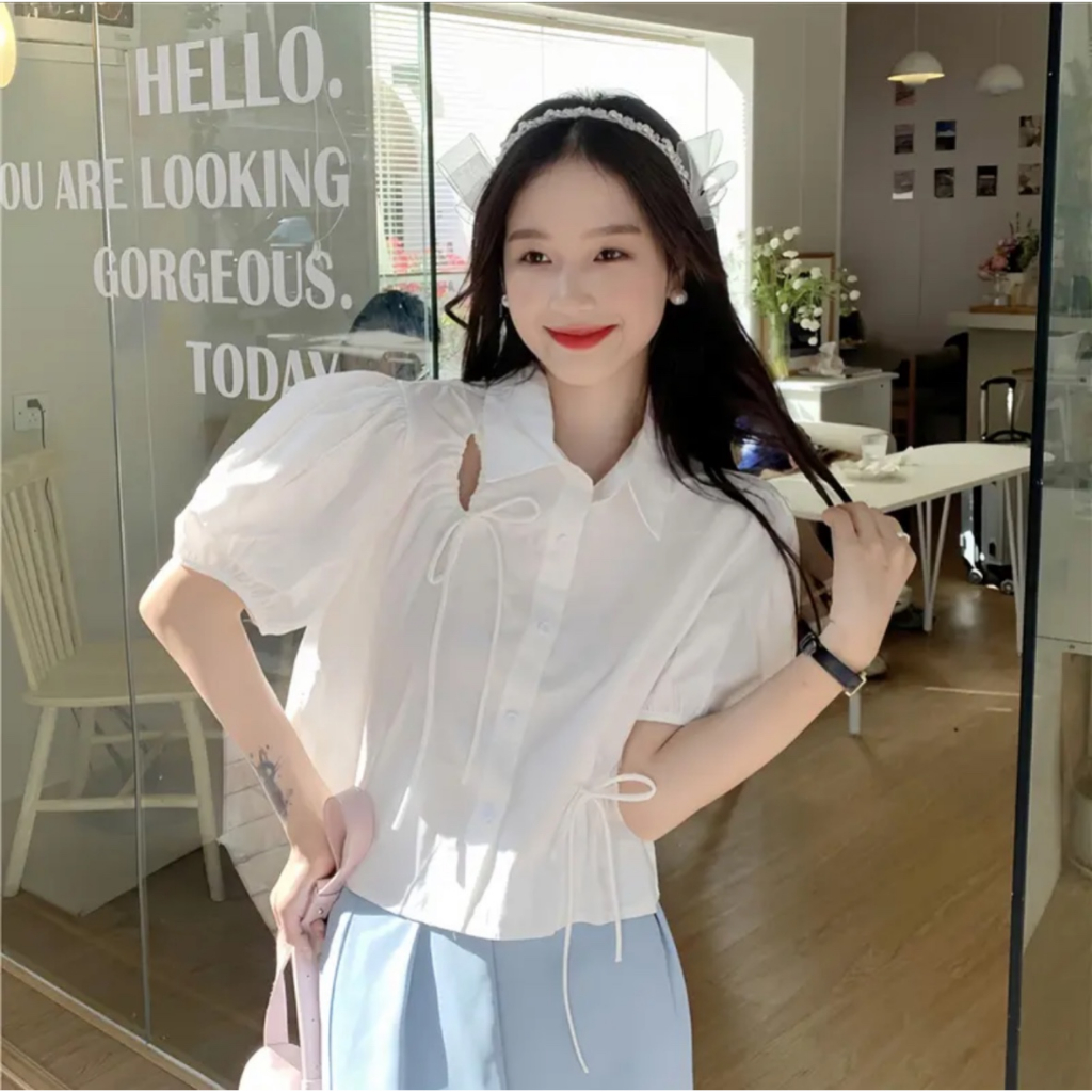 Áo kiểu ngắn tay nữ sơ mi dây rút chất đũi