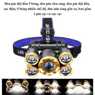 Đèn Pin Đội Đầu - Đèn Đi Săn 5 Bóng Led - Siêu Sáng -  Kèm 2 Pin, Dây Sạc, Dây Đội Đầu