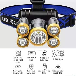 Đèn Pin Đội Đầu - Đèn Đi Săn 5 Bóng Led - Siêu Sáng -  Kèm 2 Pin, Dây Sạc, Dây Đội Đầu