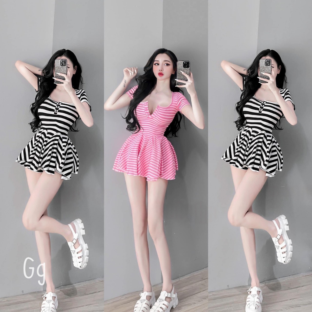 Đầm xòe nữ thun gân tay ngắn gài nút kiểu cổ vuông phối màu sọc ngang dáng ngắn kèm quần xinh xắn