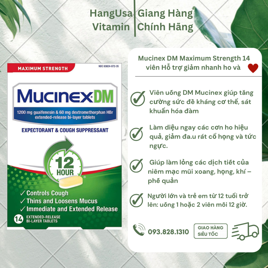 Mucinex DM Maximum Strength 14 viên Hỗ trợ giảm nhanh ho và long đờm.