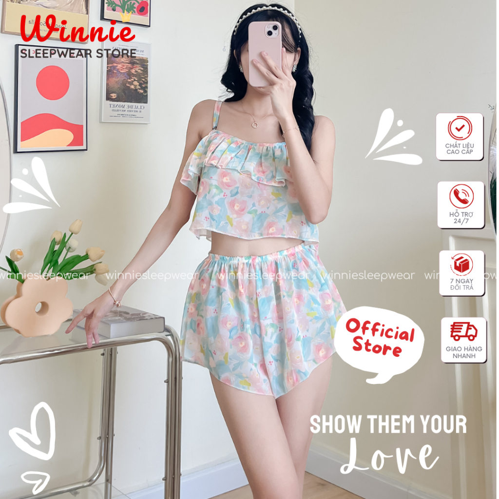 Bộ Đồ Ngủ, Bộ Mặc Nhà 2 Dây Dáng Áo Croptop, Mát, Vải Voan Mềm Mịn Bèo Nhúng Gợi Cảm, Sexy Thoải Mái BDLAHT189
