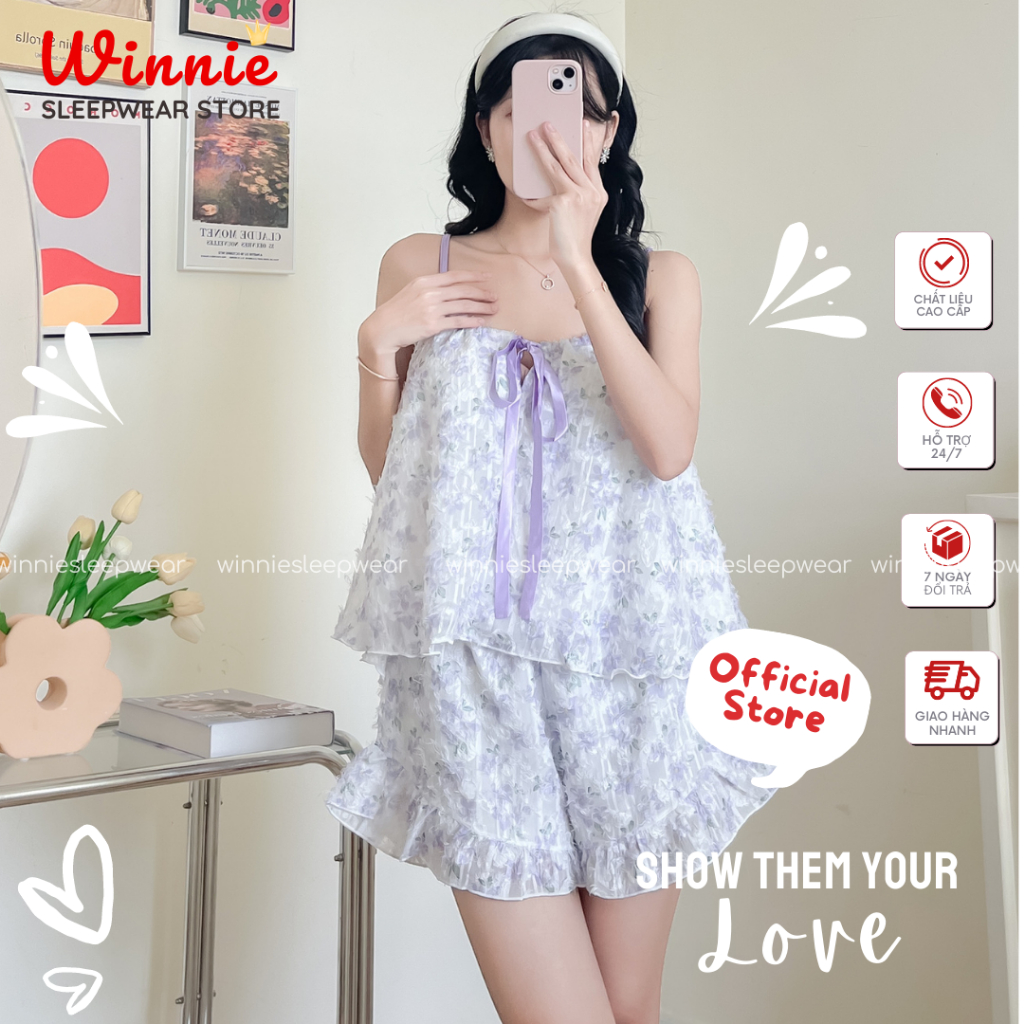 Bộ Đồ Ngủ, Bộ Mặc Nhà 2 Dây Dáng Áo, Mát, Vải Voan Hàn Mềm Mịn, May 2 Lớp Gợi Cảm, Sexy Thoải Mái BNSELV189