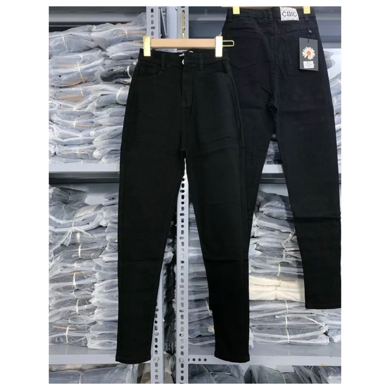 Quần Jean Nữ Skinny Trơn Xanh Đậm/Đen, Jean Co Giãn Lưng Cao Trên Rốn