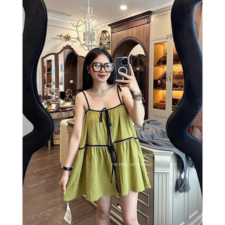 Váy 2 dây nơ xanh cốm kim anh bùi