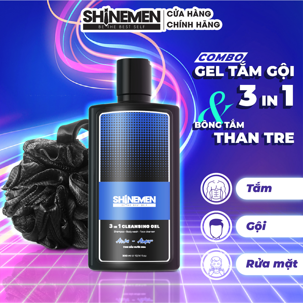 [Combo] Sữa Tắm Gội Và Rửa Mặt 3 In 1 Cho Nam Shinemen Hương Nước Hoa Awa - Amor Chiết Xuất Thảo Dược Thiên Nhiên 300Ml