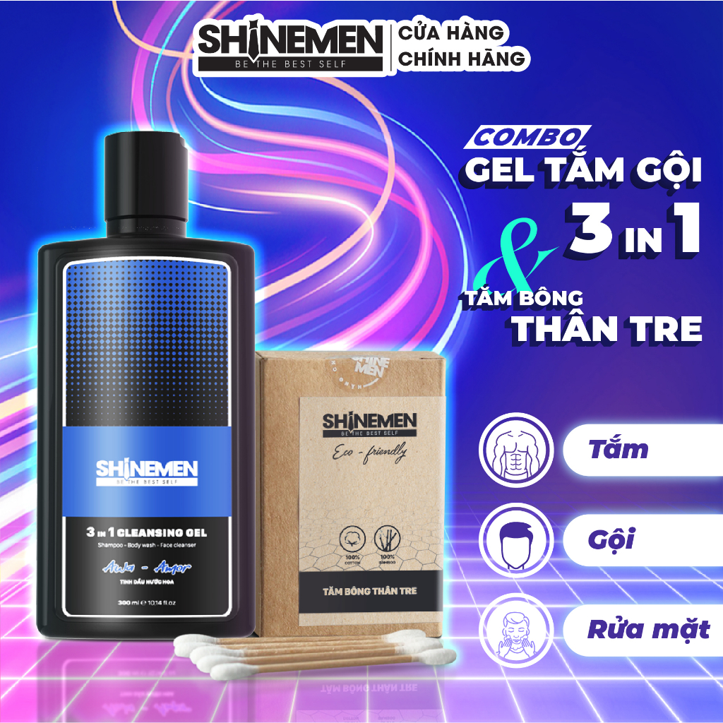[Combo] Sữa Tắm Gội Và Rửa Mặt 3 In 1 Cho Nam Shinemen Hương Nước Hoa Awa - Amor Con Gái Gấc Mê Và Tăm Bông Cotton Thân Gỗ