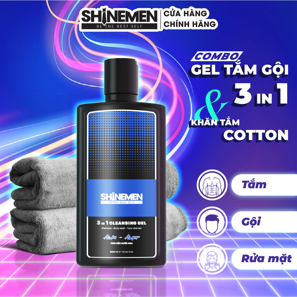 [Combo] Sữa Tắm Gội Và Rửa Mặt 3 In 1 Cho Nam Shinemen Hương Nước Hoa Awa - Amor Sảng Khoái 300Ml Kèm Khăn Cotton Siêu Thấ