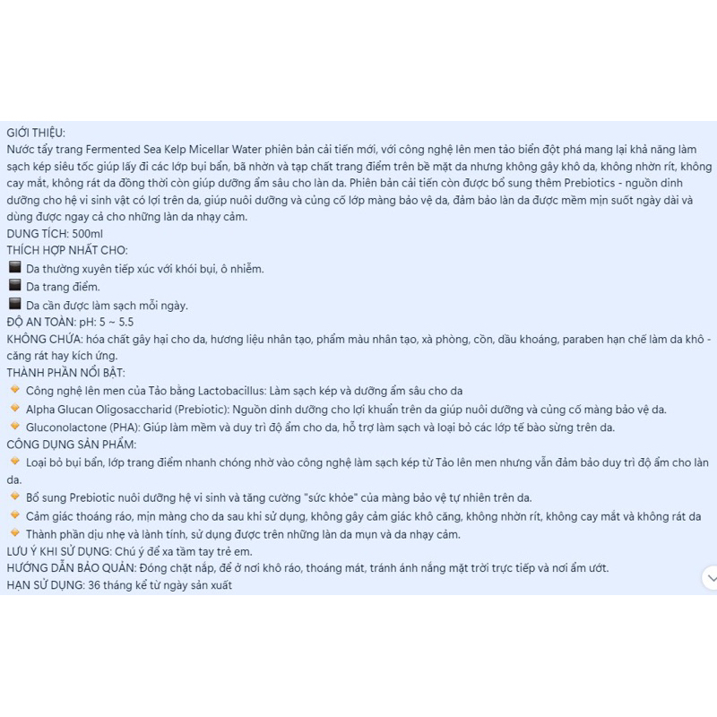 Nước Tẩy Trang Zakka Tảo Biển Làm Sạch Sâu Fermented Sea Kelp Micellar Water 500ml