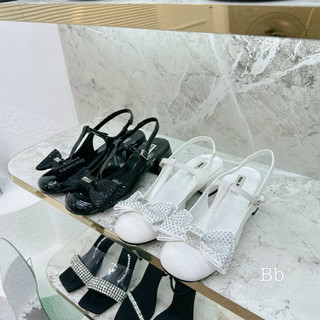giày sandal miu nơ lụa đá gót vuông da bóng fullbox