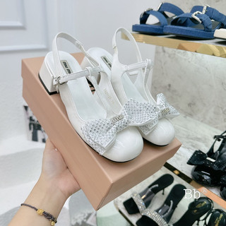 giày sandal miu nơ lụa đá gót vuông da bóng fullbox