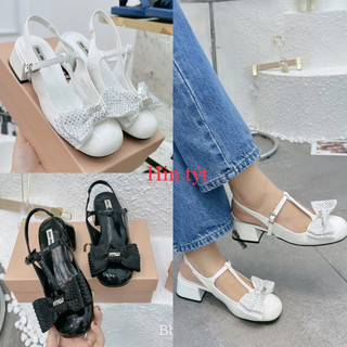 Giày sandal miu nơ lụa đá gót vuông da bóng fullbox