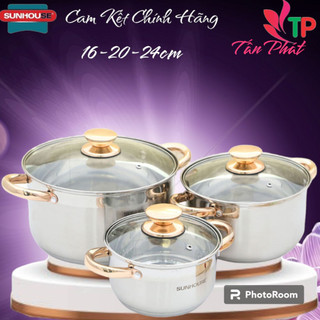  Bộ nồi inox 5 đáy sunhouse SH781  quai vàng  hoặc SHG788  quai trắng  dùng được bếp từ CÓ HÌNH THẬT 