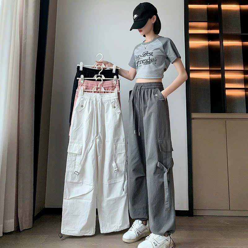 Quần Túi Hộp Nữ Ống Rộng Nút Cài Cạp Chun Chất Kaki Mềm, Quần Cargo Pant Chốt Gấu Unisex Phong Cách Hiphop