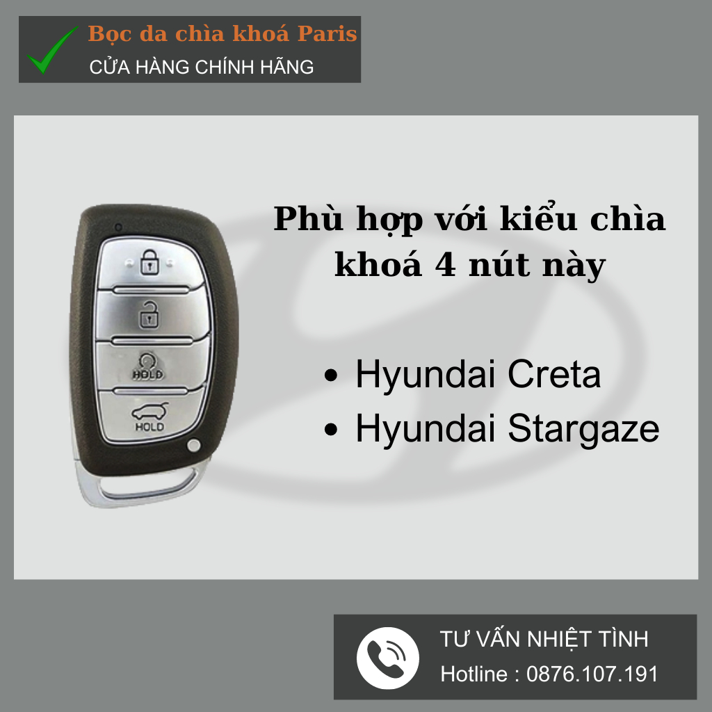 Bọc chìa khoá Hyundai Creta,Hyundai Stargazer sang trọng, bao da ốp chìa khoá ô tô Creta, Stargazer