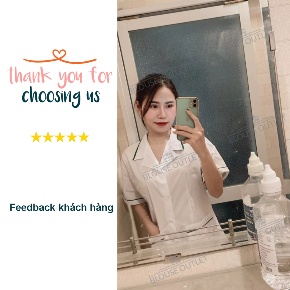 Bộ quần áo blouse trắng dáng ngắn Viền Xanh LÁ Dược sĩ, điều dưỡng, y tá, spa, thẩm mỹ viện