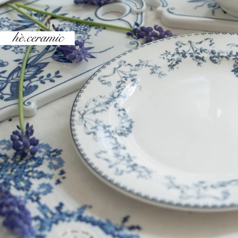 HÈ.CERAMIC / Dĩa viền hoa lam vintage LAM plates. Dĩa viền hoa nhẹ nhàng vintage. Dĩa bánh đồng quê.