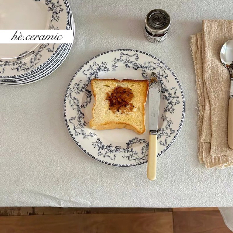 HÈ.CERAMIC / Dĩa viền hoa lam vintage LAM plates. Dĩa viền hoa nhẹ nhàng vintage. Dĩa bánh đồng quê.