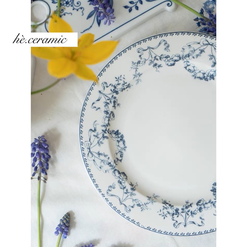 HÈ.CERAMIC / Dĩa viền hoa lam vintage LAM plates. Dĩa viền hoa nhẹ nhàng vintage. Dĩa bánh đồng quê.