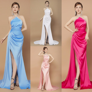 Váy dạ hội dự tiệc xẻ tà cổ yếm - Mua đầm dạ hội sang trọng