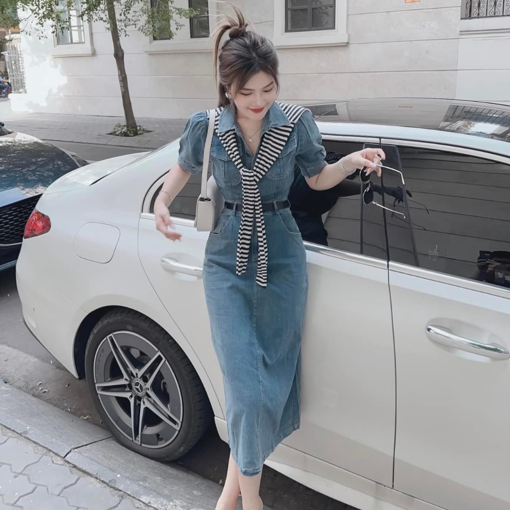 VÁY JEAN KÈM  ĐAI TAY BỒNG kèm khăn hàng qc