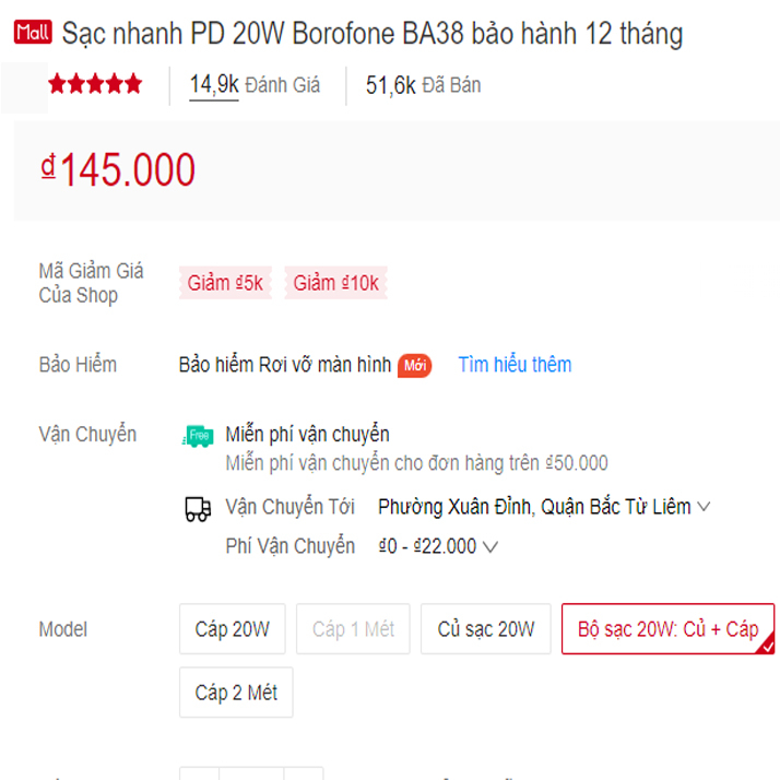 Sạc nhanh PD 20W Borofone BA38P bảo hành 12 tháng