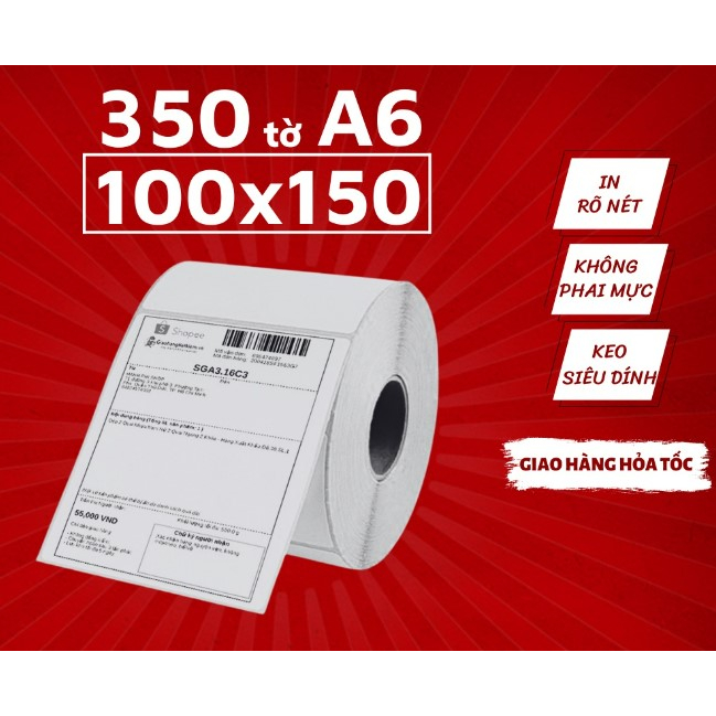 Giấy in đơn khổ A6 có keo dán sẵn | Cuộn 350 tờ 100x150mm | Giấy In Nhiệt Tự Dính Dạng Cuộn 350 Tờ
