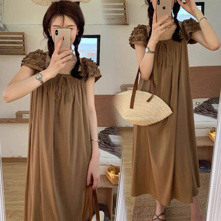 Đầm maxi dáng dài tay bèo chun ngực màu nâu đi biển sang chảnh - Váy maxi đũi mát dạo phố sang chảnh