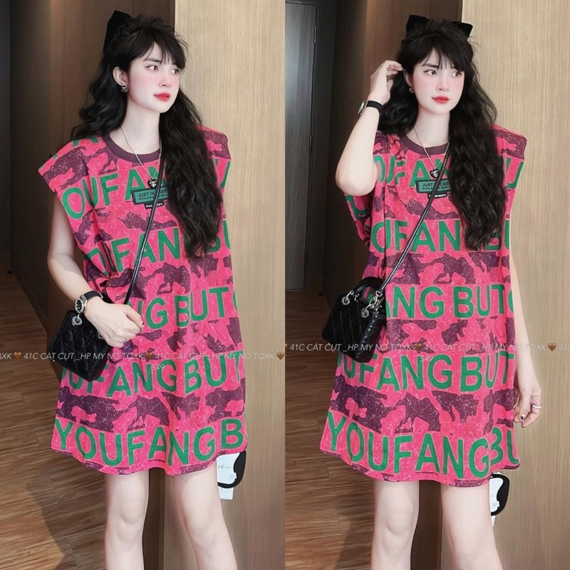 Đầm thun dáng ngắn loang chữ đẹm vai thời trang - Váy thun form rộng hoạ tiết thời trang 2 màu