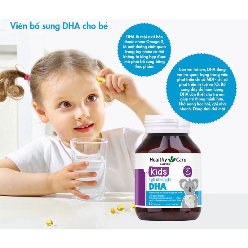Bộ sản phẩm DHA, Canxi milk, Vitamin C, Kẽm và bổ mắt Healthy Care cho bé